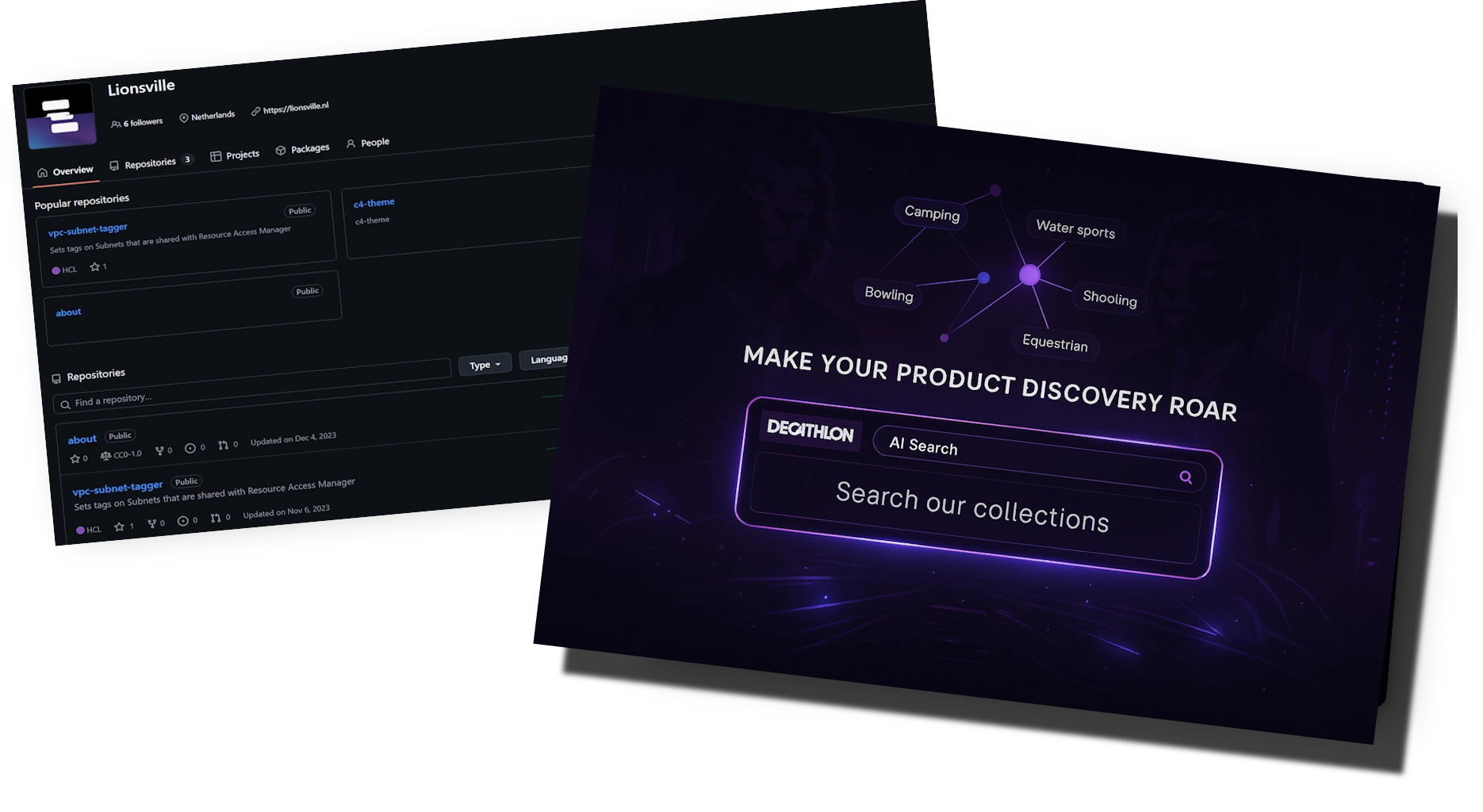 View of two website interfaces with modern and dark design. The first screen shows the title 'Behind the Code' with a rocket and dark background, explaining the origin of a community software project. The second screen presents a platform for finding speakers, with an attractive design, expert photos, and a prominent search button.